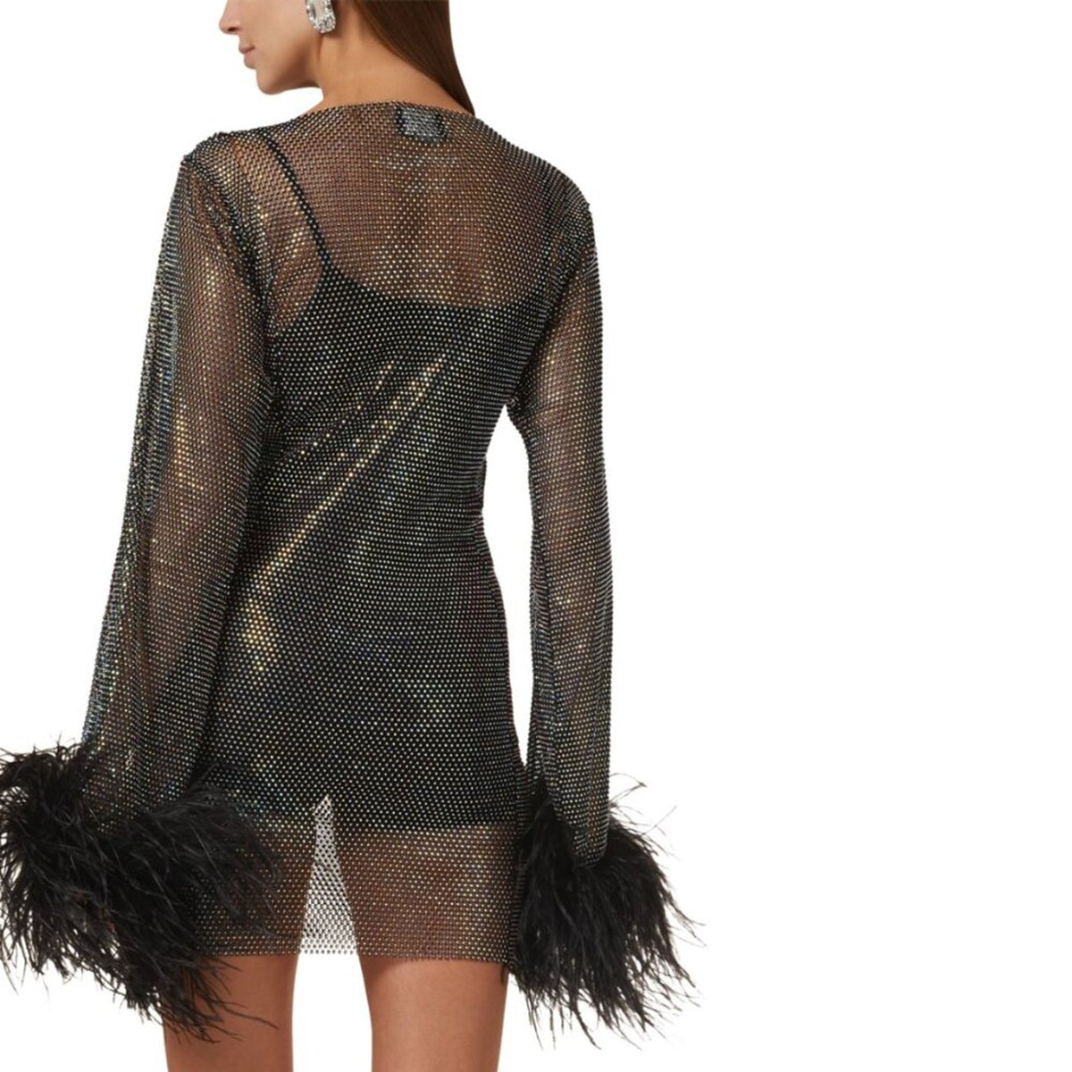 Santa Brands Black Rhinestone Ostrich Feather Mini Dress