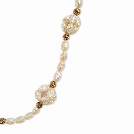 24" Baroque Pearl Necklace White Freshwater Pearls Gold Tone Accents
