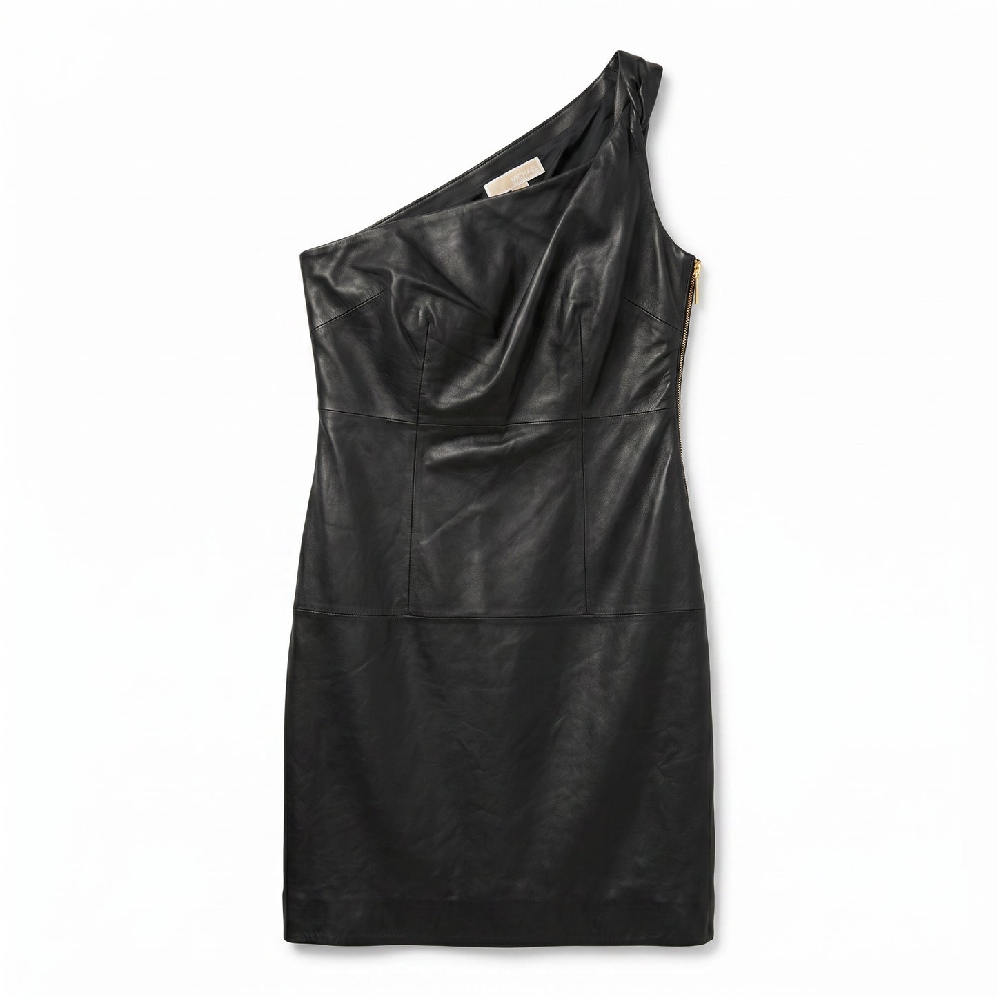 100% Genuine Leather Michael Kors Black One-Shoulder Black Mini Dress