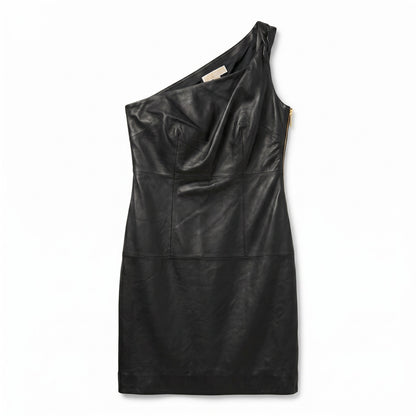 100% Genuine Leather Michael Kors Black One-Shoulder Black Mini Dress