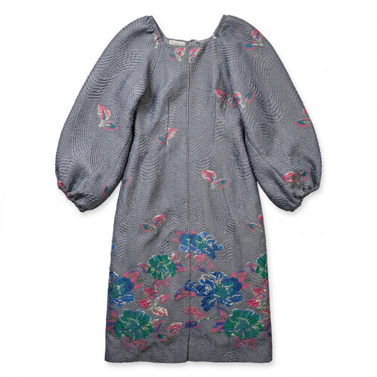 GANNI Gray Seersucker Jacquard Balloon Sleeve Midi Dress | Floral Embroidery | EU 38