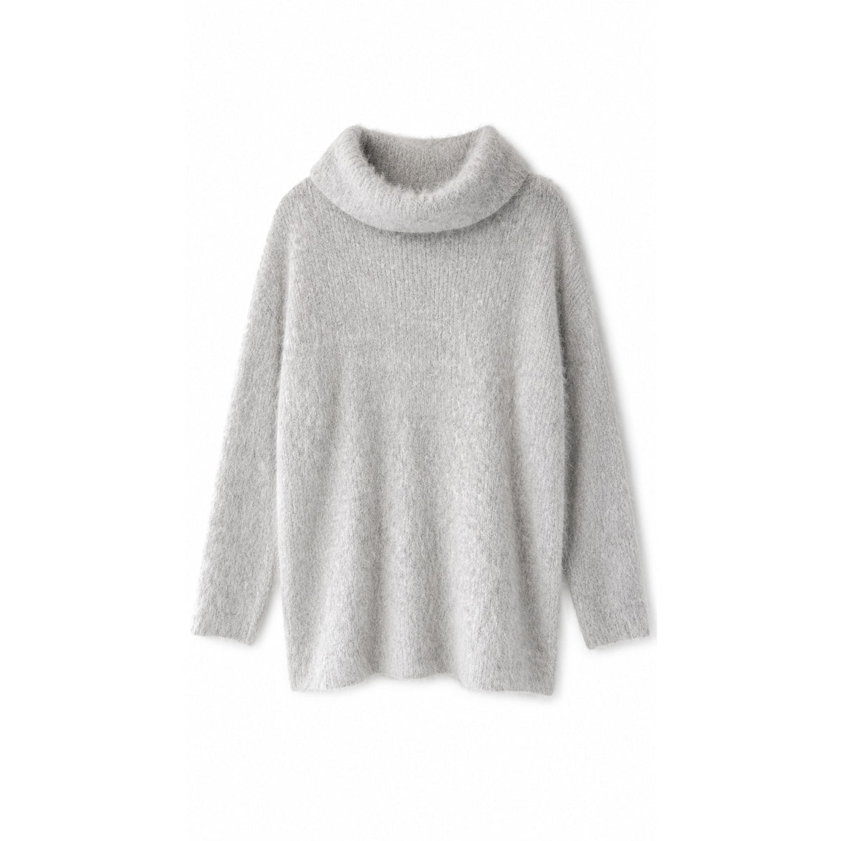 Gray Fuzzy Wool Angora Feel Cowl Neck Tunic Sweater, Oversized