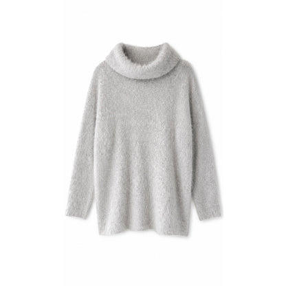 Gray Fuzzy Wool Angora Feel Cowl Neck Tunic Sweater, Oversized