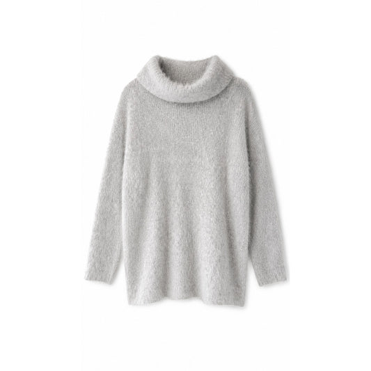 Gray Fuzzy Wool Angora Feel Cowl Neck Tunic Sweater, Oversized