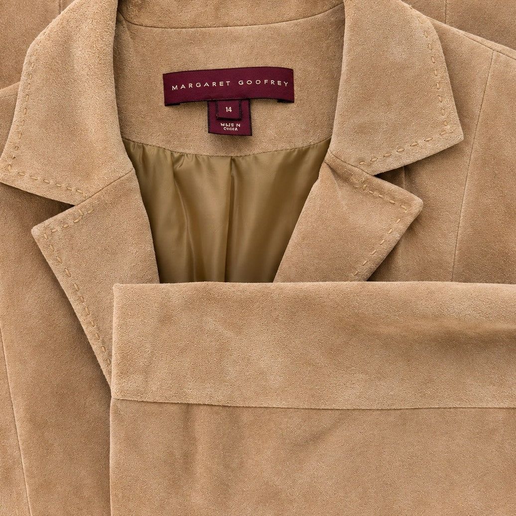 Margaret Godfrey Tan Suede Leather Blazer Jacket 3-Button Lined Size 14