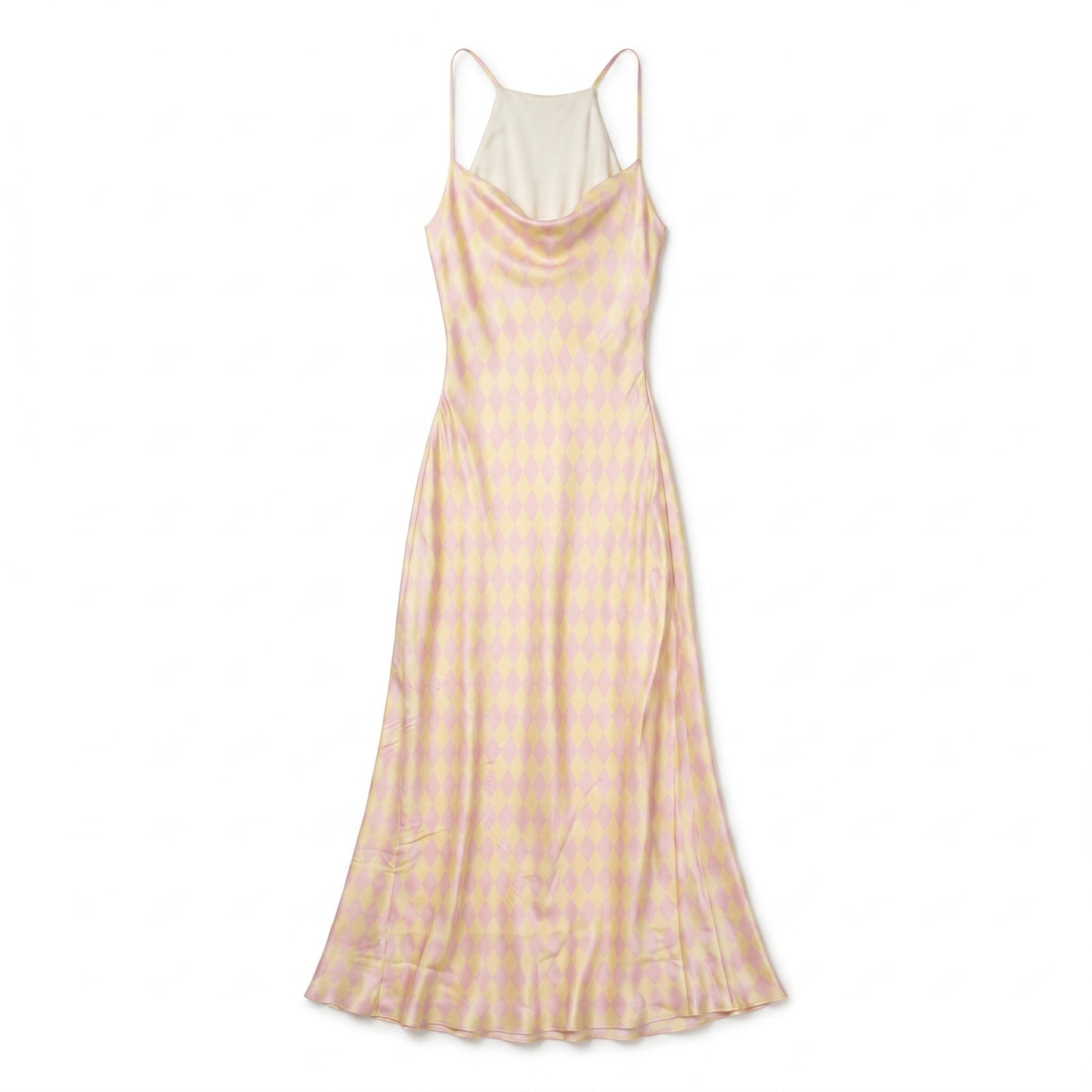 100% Silk Olivia Rubin Pink Yellow Harlequin Diamond  Slip Maxi | US 4 | Spaghetti Straps