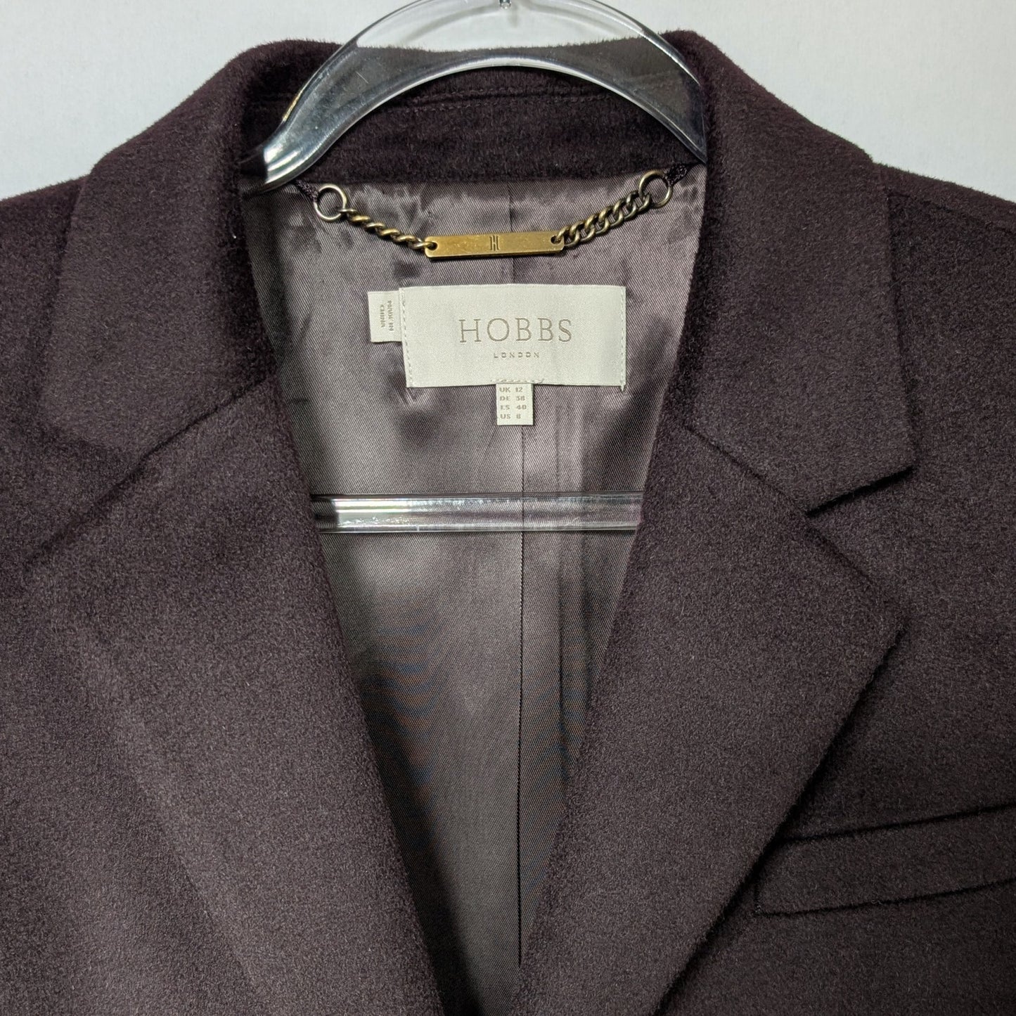 Hobbs London 100% Wool Coat Eggplant Single-Breasted Tailored Coat