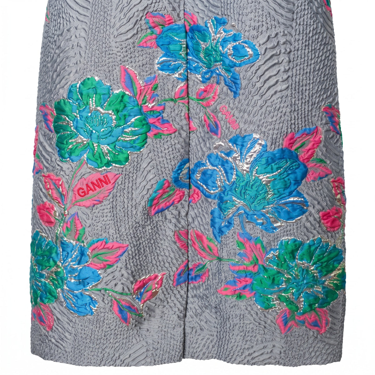 GANNI Gray Seersucker Jacquard Balloon Sleeve Midi Dress | Floral Embroidery | EU 38