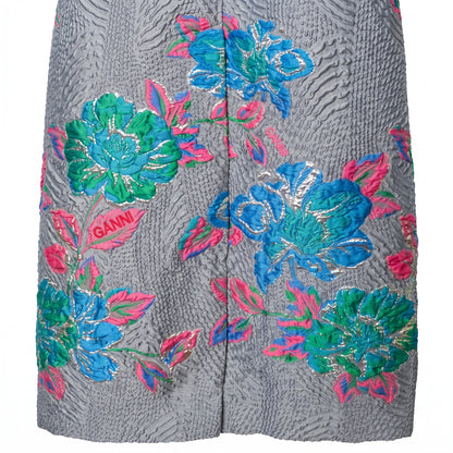 GANNI Gray Seersucker Jacquard Balloon Sleeve Midi Dress | Floral Embroidery | EU 38
