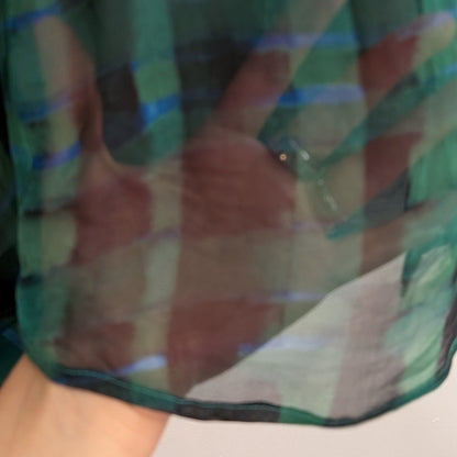 100% Silk Equipment Femme Sheer Green Blue Black Plaid Shirt | Size S