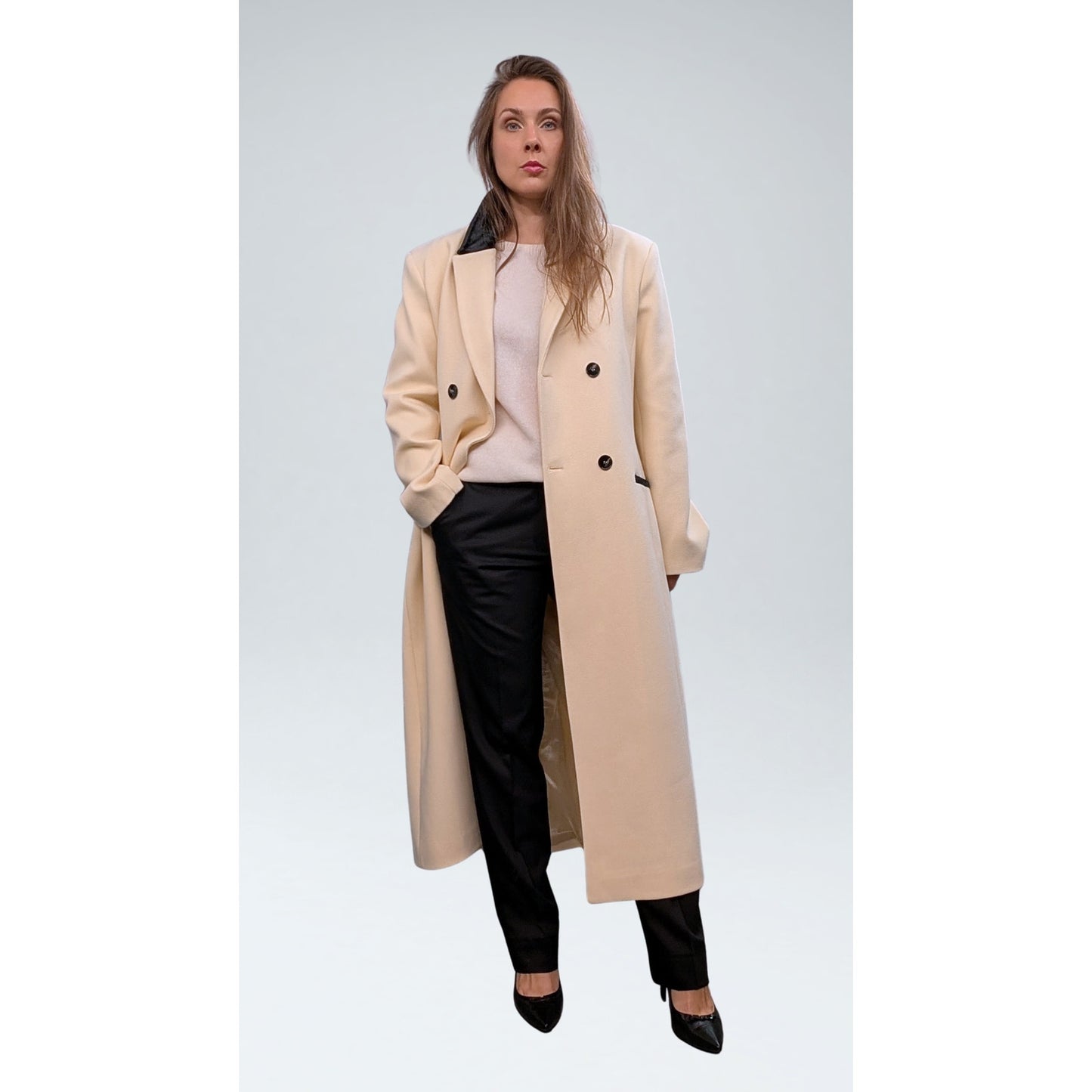 Vintage Cream Double-Breasted Wool Maxi Coat with Black Velvet Collar