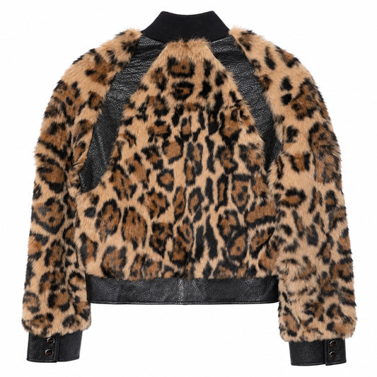 Pam & Gela Genuine Rabbit Fur Leather Leopard Bomber Jacket Size S
