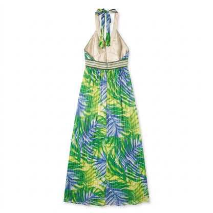 NWT 100% Silk BCBG Max Azria Tropical Print Halter Maxi | Sequin Empire Waist
