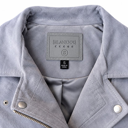 Blank NYC Suede Moto Jacket Light Gray Blue Belted Asymmetric Zip Size S