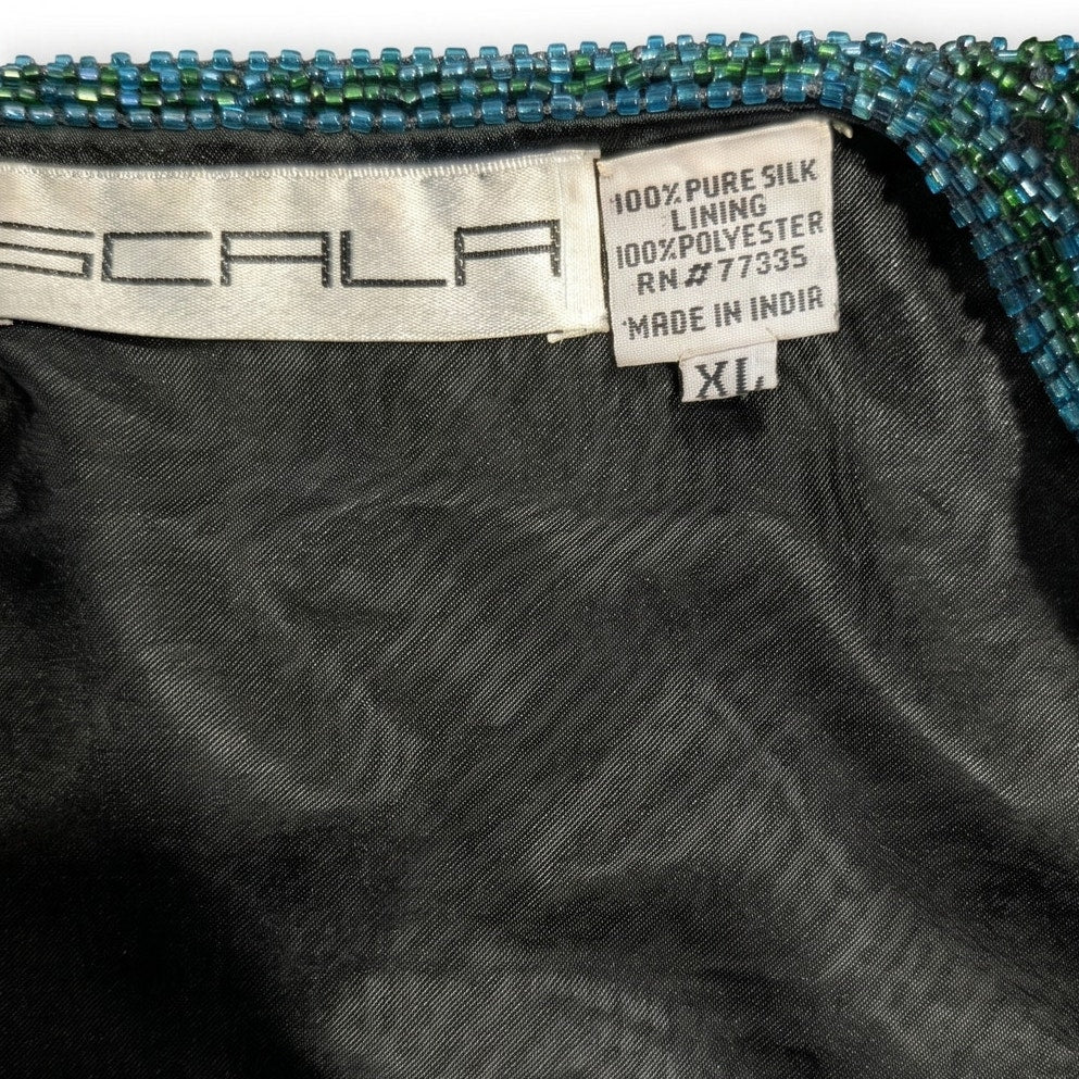 100% Silk Scala Beaded Evening Jacket Black Teal Green Seed Bead Geometric XL