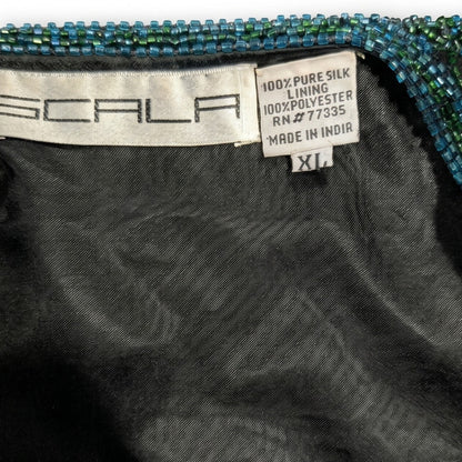 100% Silk Scala Beaded Evening Jacket Black Teal Green Seed Bead Geometric XL