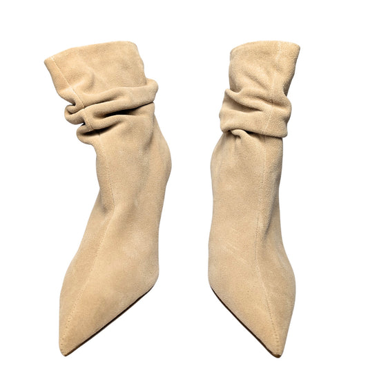Brian Atwood Express Beige Suede Slouchy Ankle Boots Stiletto Heel Size 8