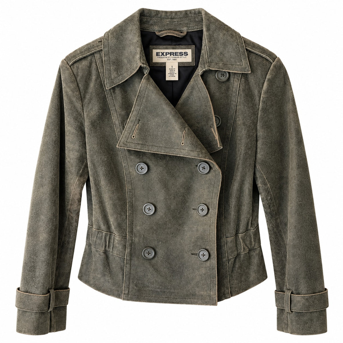 Express Distressed Leather Double Breasted Cropped Jacket Olive Peplum Size S