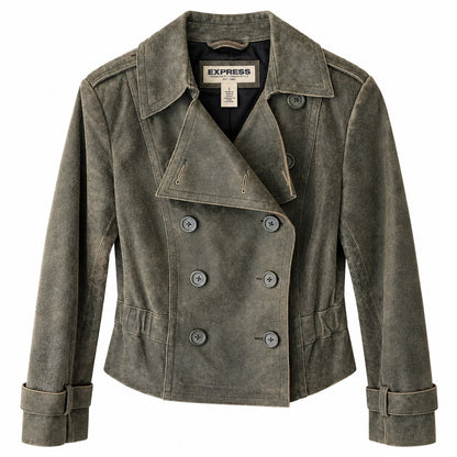 Express Distressed Leather Double Breasted Cropped Jacket Olive Peplum Size S