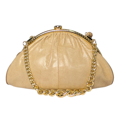 100% Genuine Lizard Skin Susan Gail  Half Moon Clutch Evening Bag Beige Gold Vintage