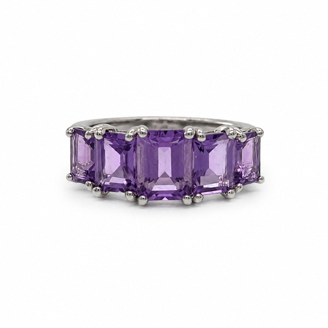 925 Sterling Silver Natural Amethyst Five-Stone Ring Size 7.75