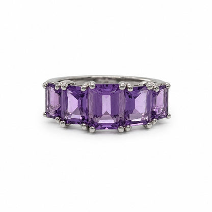 925 Sterling Silver Natural Amethyst Five-Stone Ring Size 7.75