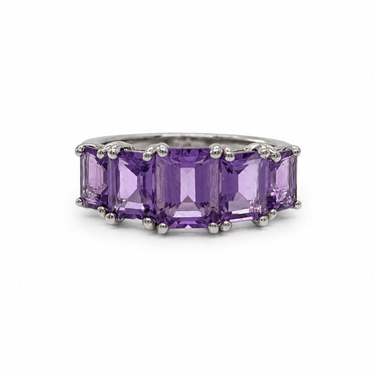 925 Sterling Silver Natural Amethyst Five-Stone Ring Size 7.75