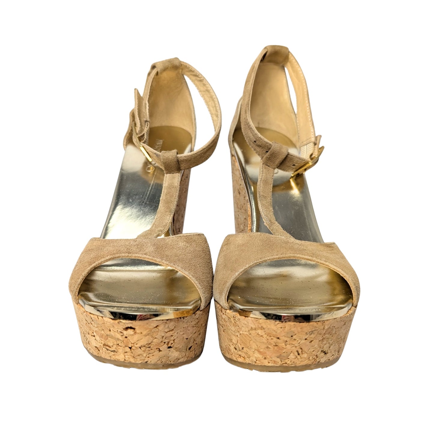 Jimmy Choo Tan Suede Cork Platform Sandals with Gold Accents
