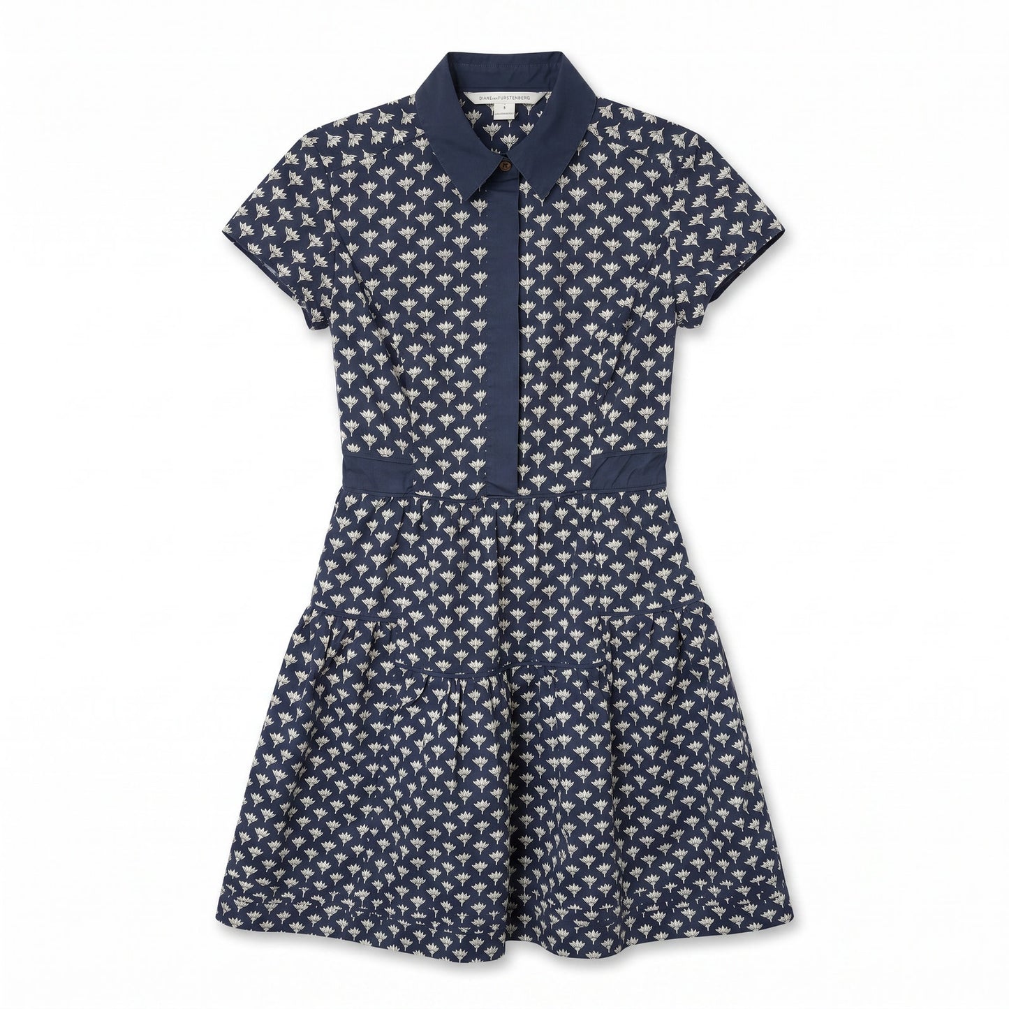 100% Cotton DVF Diane Von Furstenberg Skylar Navy Lotus Print Polo Dress | Cap Sleeves