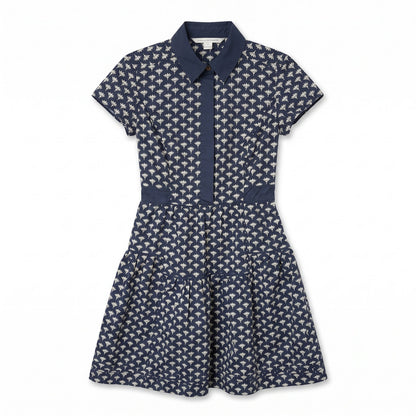 100% Cotton DVF Diane Von Furstenberg Skylar Navy Lotus Print Polo Dress | Cap Sleeves