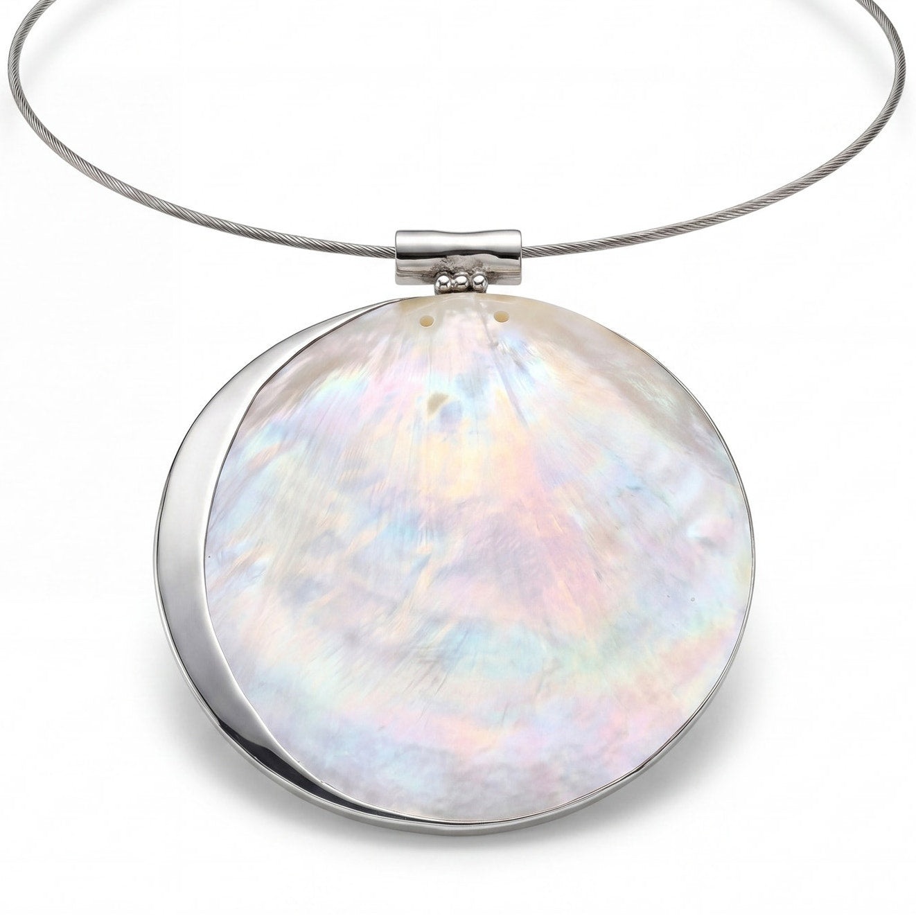 925 Silver and Mother of Pearl Statement Pendant Necklace Iridescent Shell 16.5"