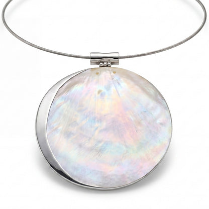 925 Silver and Mother of Pearl Statement Pendant Necklace Iridescent Shell 16.5"