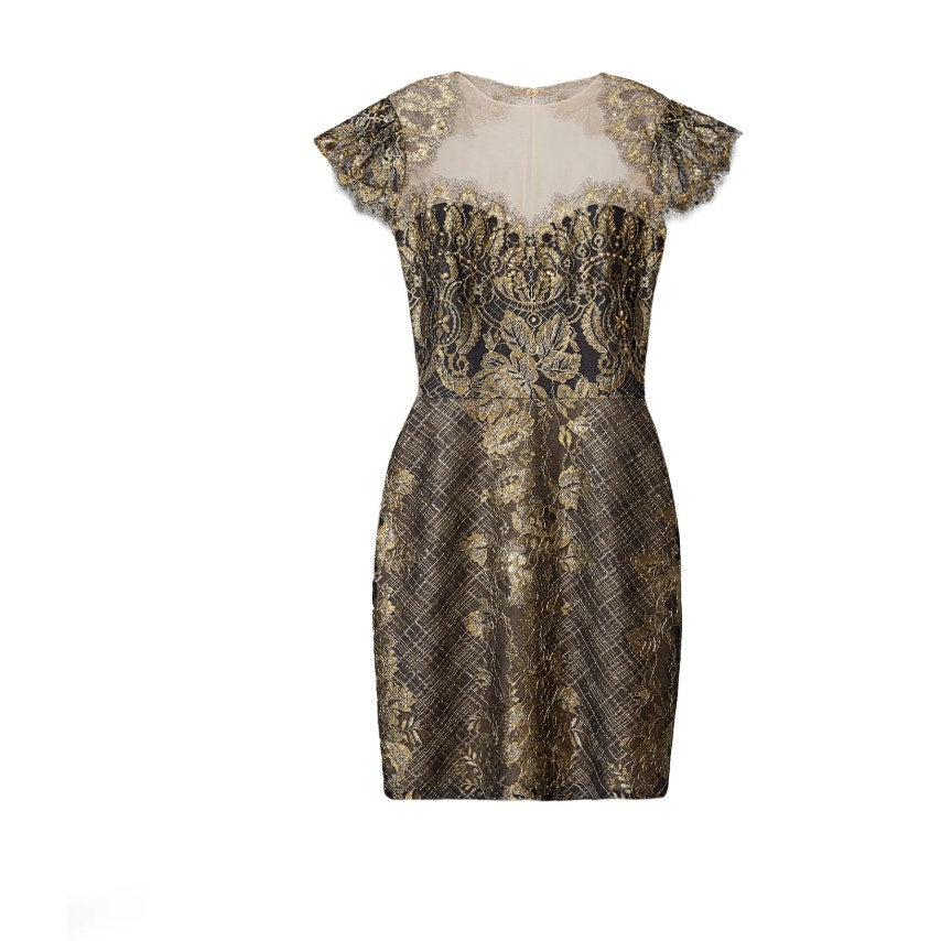 Marchesa Notte Black Gold Lace Sheath Cocktail Dress
