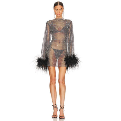 Santa Brands Black Rhinestone Ostrich Feather Mini Dress