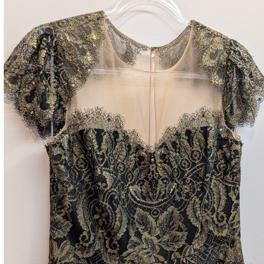 Marchesa Notte Black Gold Lace Sheath Cocktail Dress
