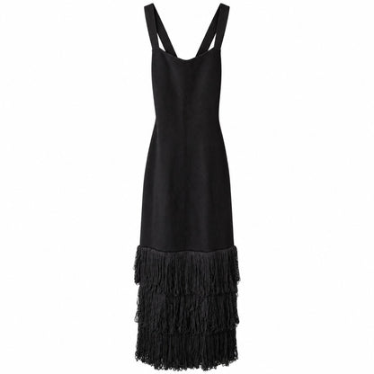 Anna Quan 100% Cotton Cross Black Knit Fringe Maxi Dress