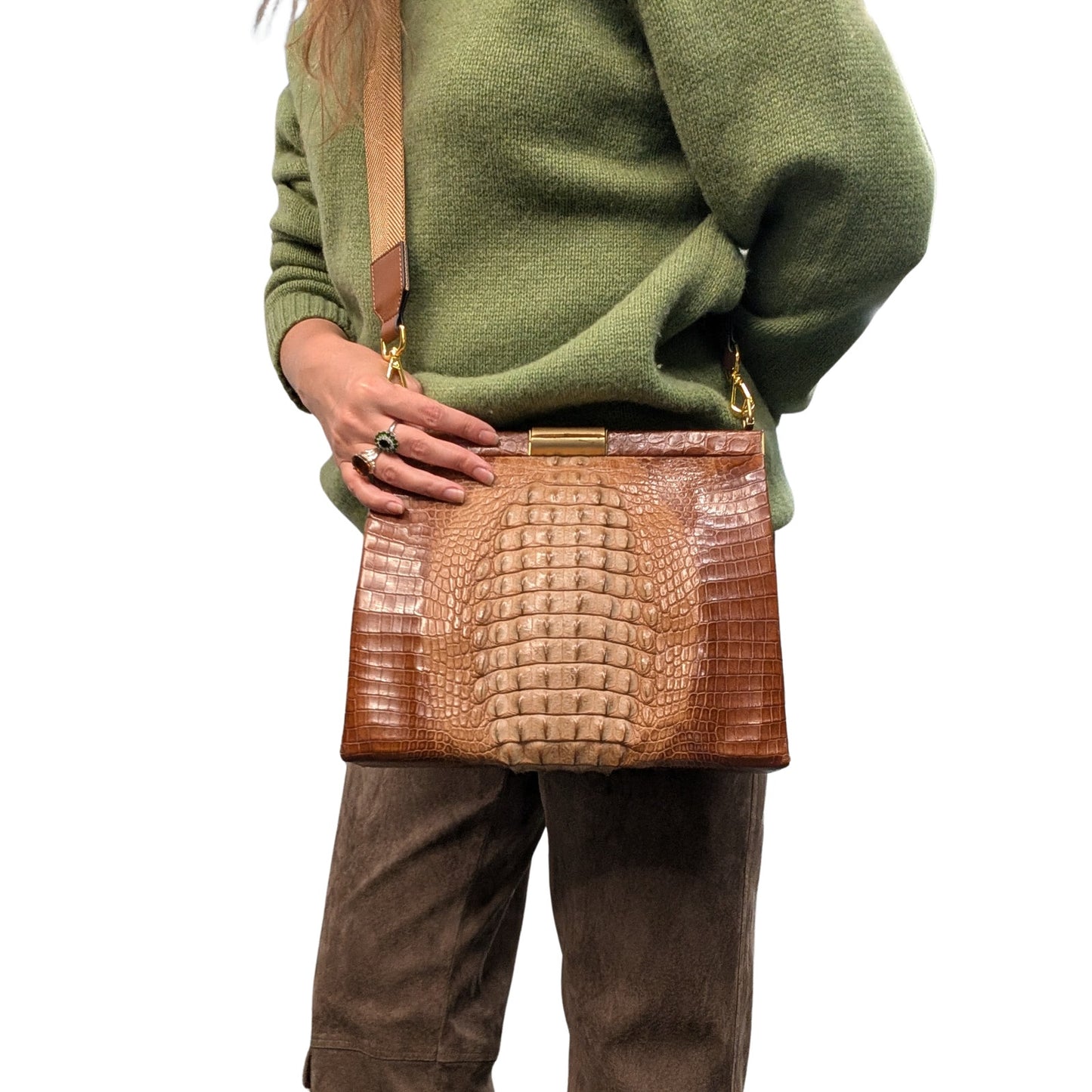 Vintage 100% Genuine Crocodile Skin Handbag Brown Suede Lined Gold Frame Shoulder Strap Mirror