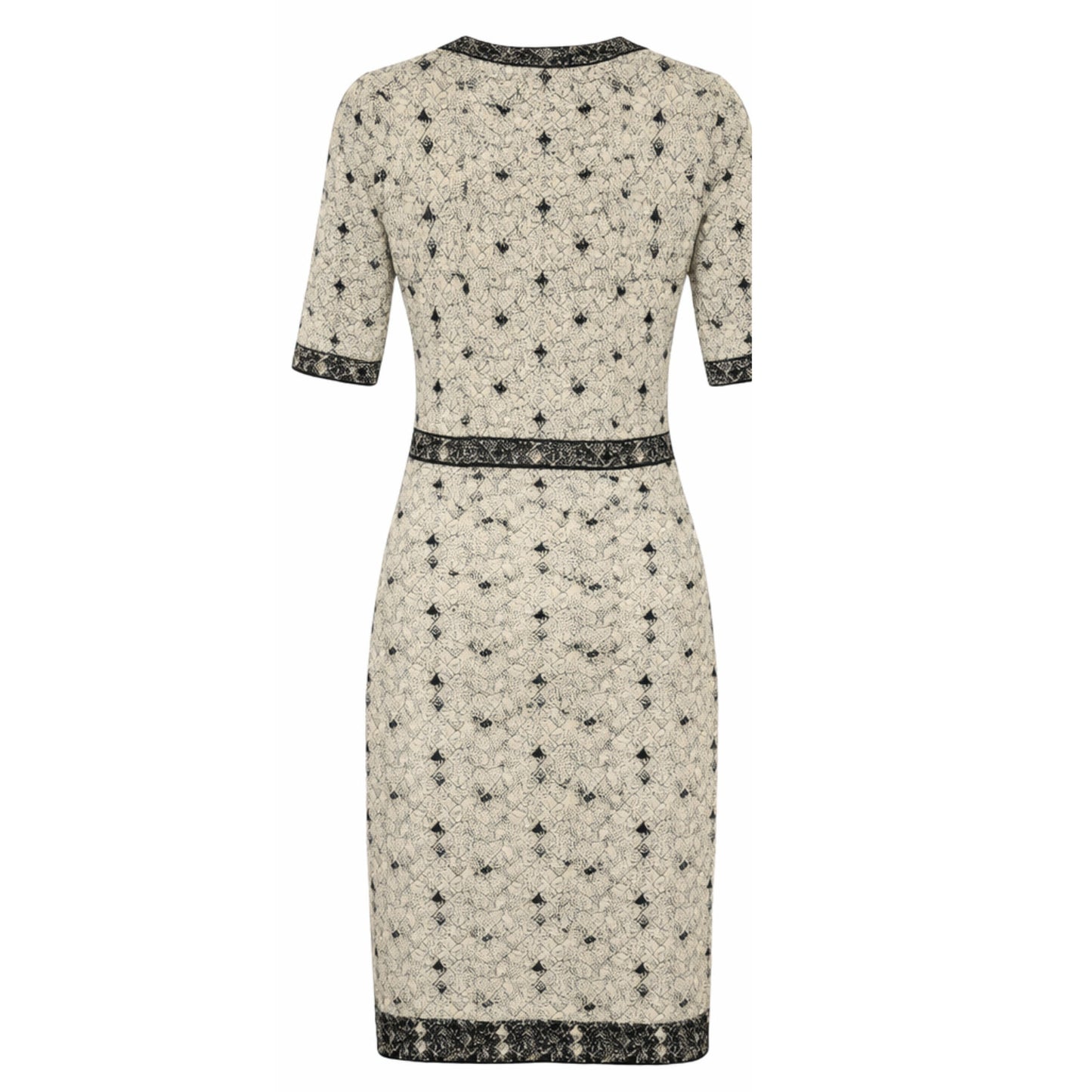 Carolina Herrera Ivory & Black Jacquard Sheath Dress Elbow Sleeve