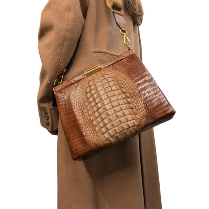 Vintage 100% Genuine Crocodile Skin Handbag Brown Suede Lined Gold Frame Shoulder Strap Mirror