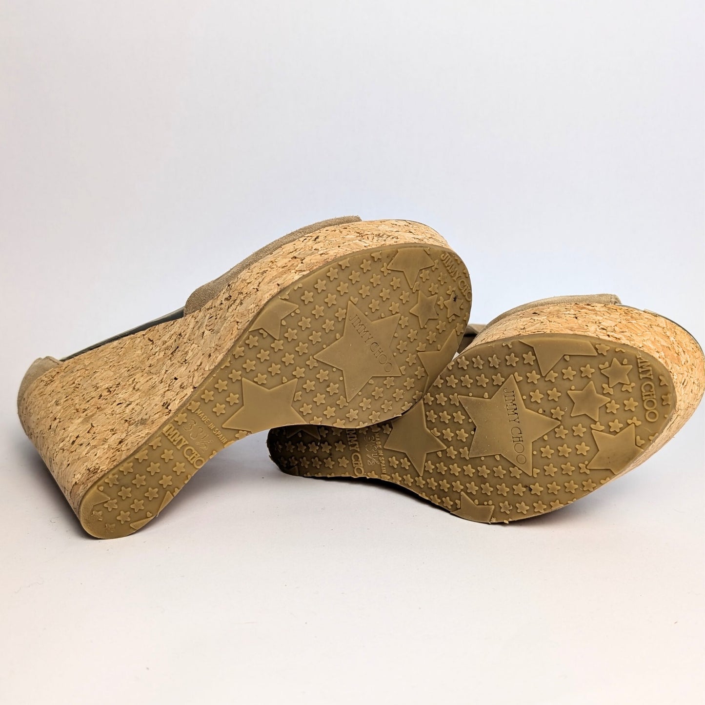 Jimmy Choo Tan Suede Cork Platform Sandals with Gold Accents