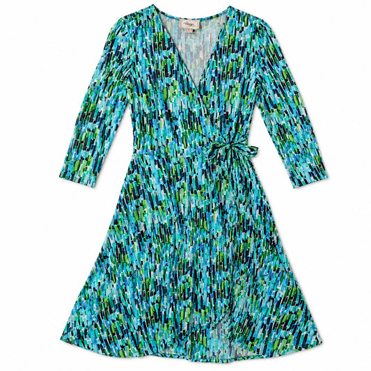 Beige Brand Aqua Teal Green Mosaic V-Neck Wrap Dress | 3/4 Sleeves