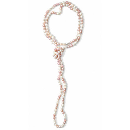64" Cultured Baroque Pearl Necklace White & Pink 925 Silver Clasp
