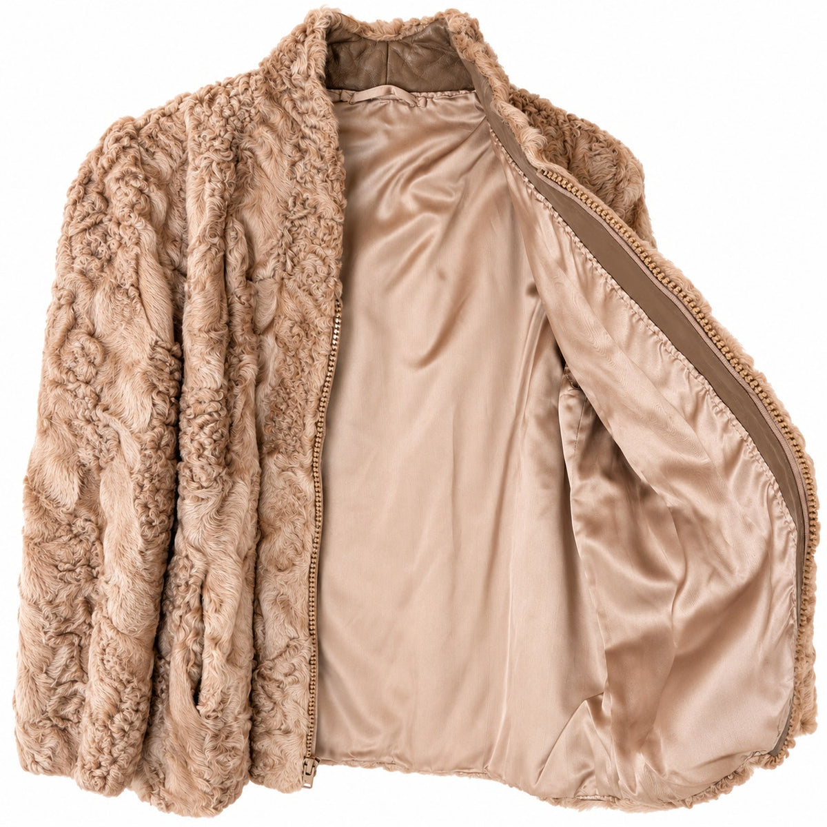 Vintage Tan Persian Lamb Fur Jacket Genuine Curly Lamb Zipper