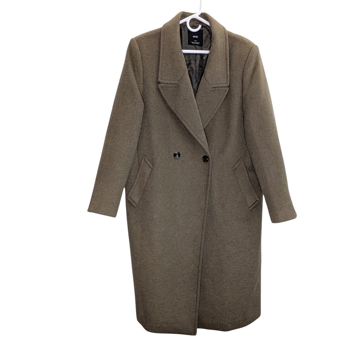Mango Olive Green Wool Blend Double-Breasted Coat - 2XL