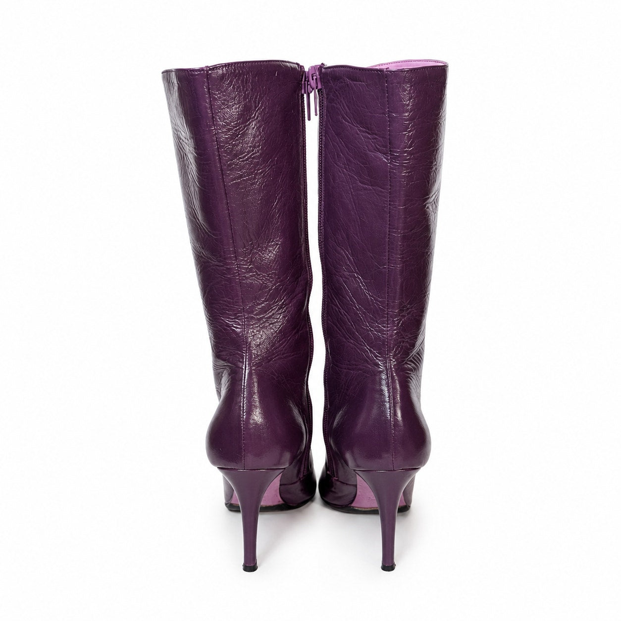 100% Genuine Leather Jill Stuart Italy Plum Purple Leather Knee High Boots Size 8 Pointed Toe Stiletto