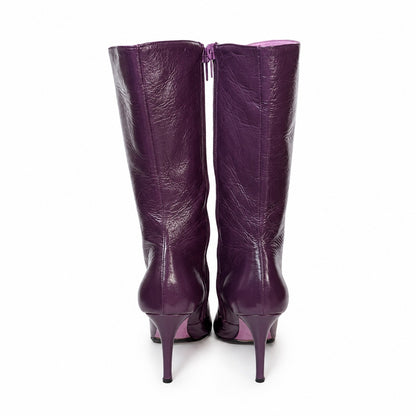 100% Genuine Leather Jill Stuart Italy Plum Purple Leather Knee High Boots Size 8 Pointed Toe Stiletto