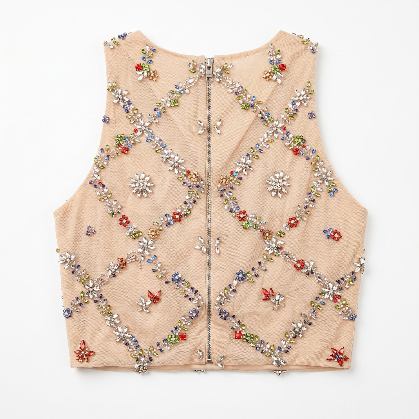 100% silk Jeweled Beaded Nude Crop Top | Multicolor Rhinestone Embellishment