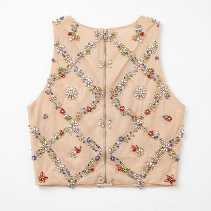 100% silk Jeweled Beaded Nude Crop Top | Multicolor Rhinestone Embellishment