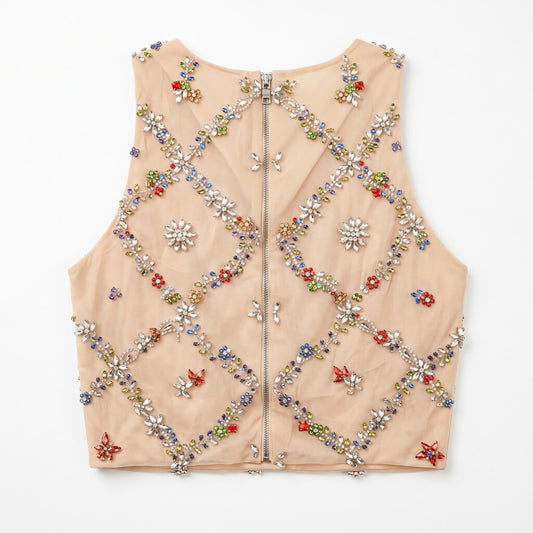 100% Silk Nude Beaded Rhinestone Crop Top | Multicolor Embellishment | 2