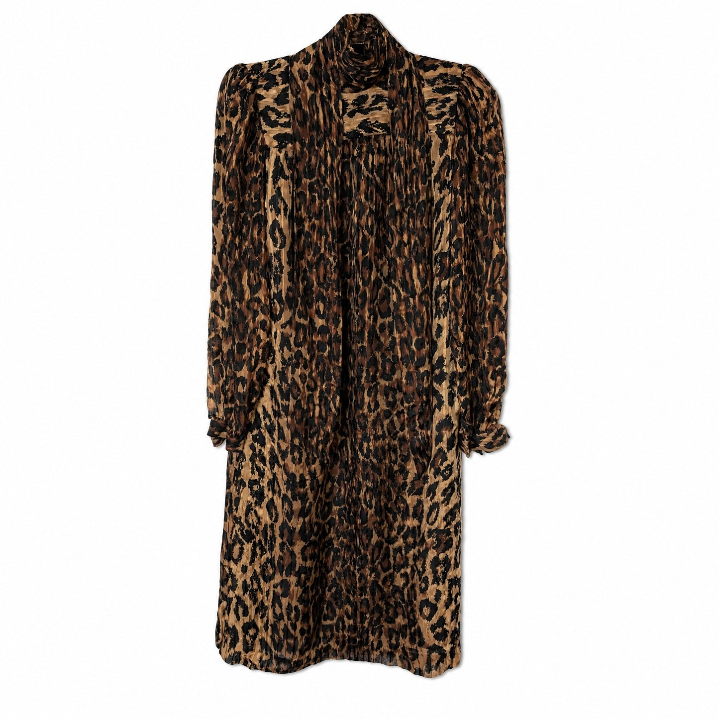 100% Silk Stanley Sherman Leopard Print Midi Dress | Bow Tie Neck